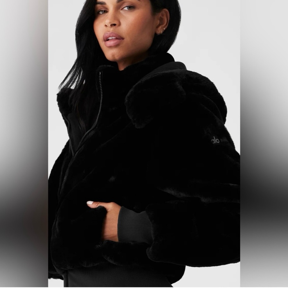 ALO Yoga Black Faux Fur Foxy Jacket with Hood